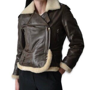 Danier Leather Shearling Trim Aviator Jacket Small